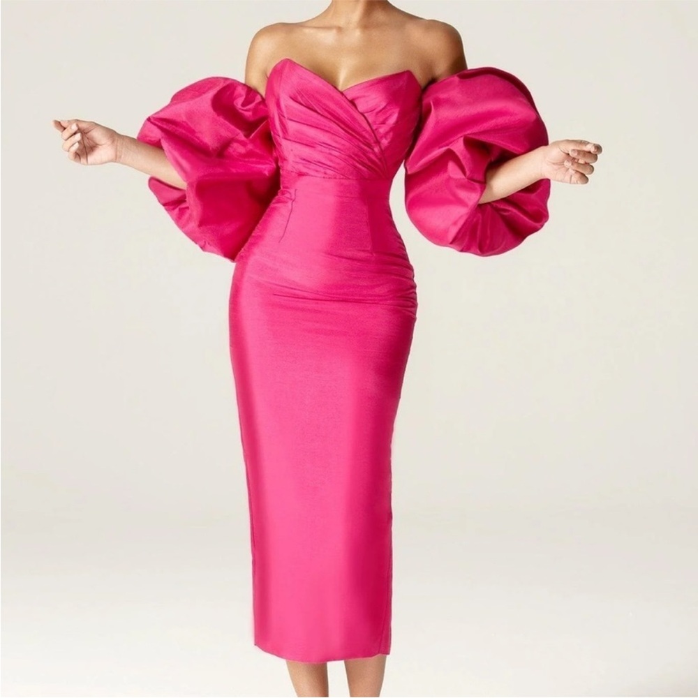 Alieva Tiffany Dupioni Puff Sleeve Strapless Maxi Dress Pink Sweetheart XS NWT